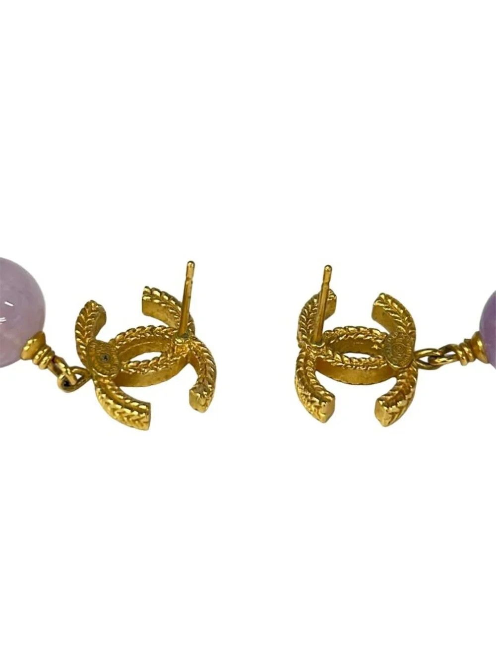 Chanel Earrings CC Logo Gold Light Purple Color Stone